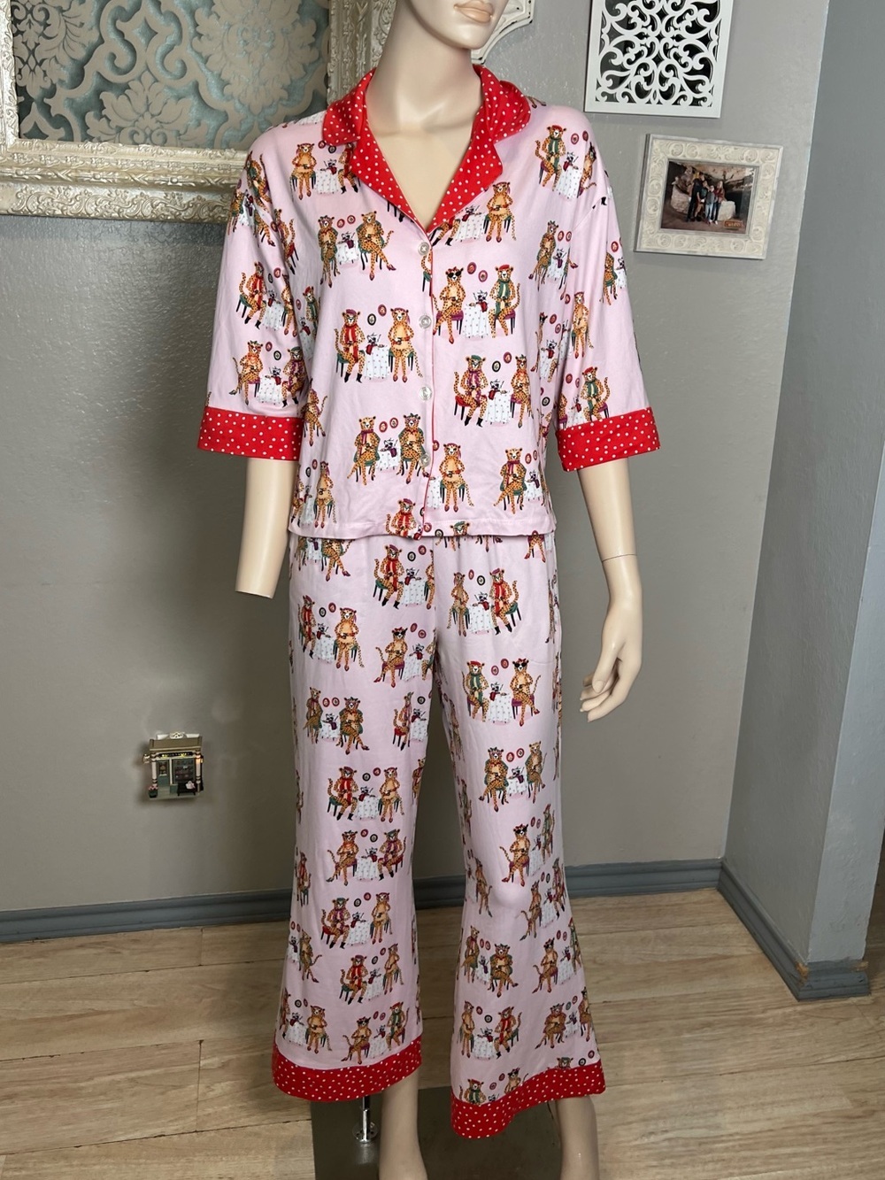 Women’s Pajama Set with Red Trim - Cute Animal Cheetah Print